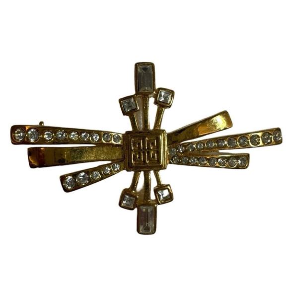GIVENCHY Paris Vintage Gold and Pave Rhinestone Brooch, Vintage 1980s Designer - Picture 1 of 3
